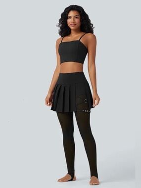 HALARA Black Pleated Mini Skirt with Buckle Strap Detail Attached Tights 7/8